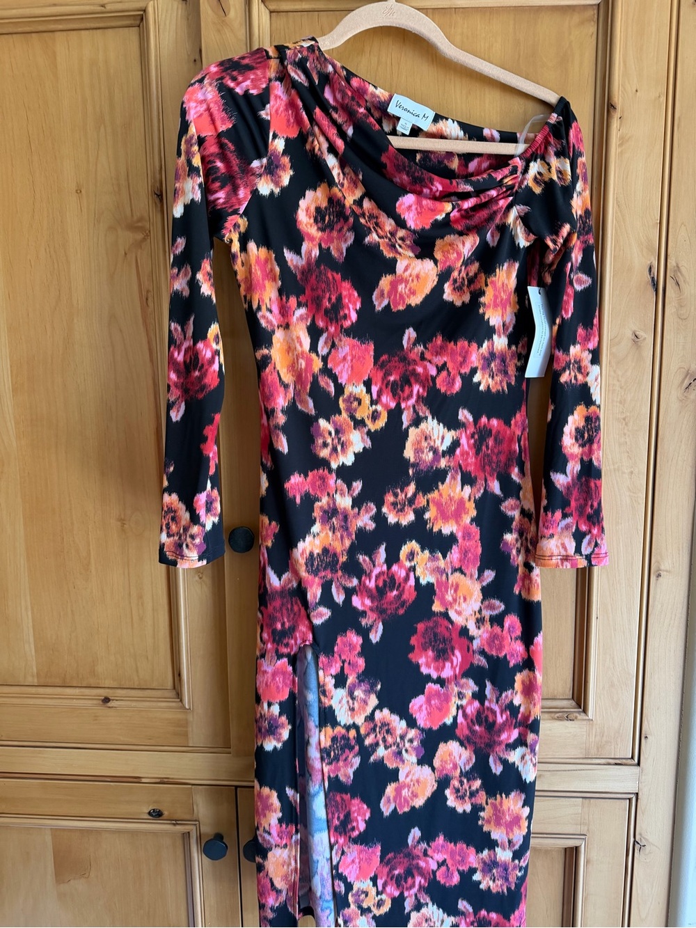 Veronica M Black Midi Dress with Pink and Orange Floral Print